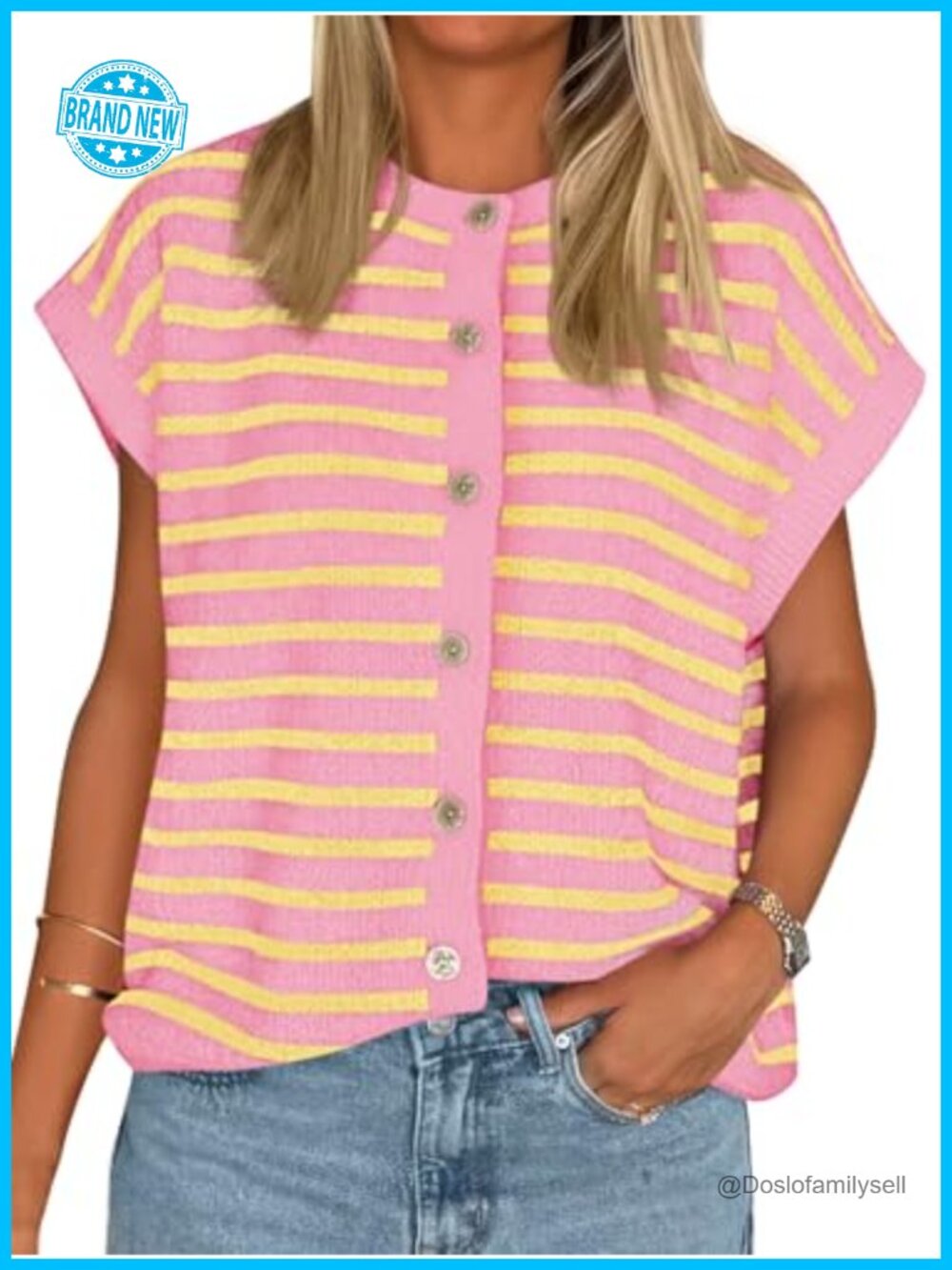 Cap Sleeve Striped Sweater Vest Button Down Cardigan